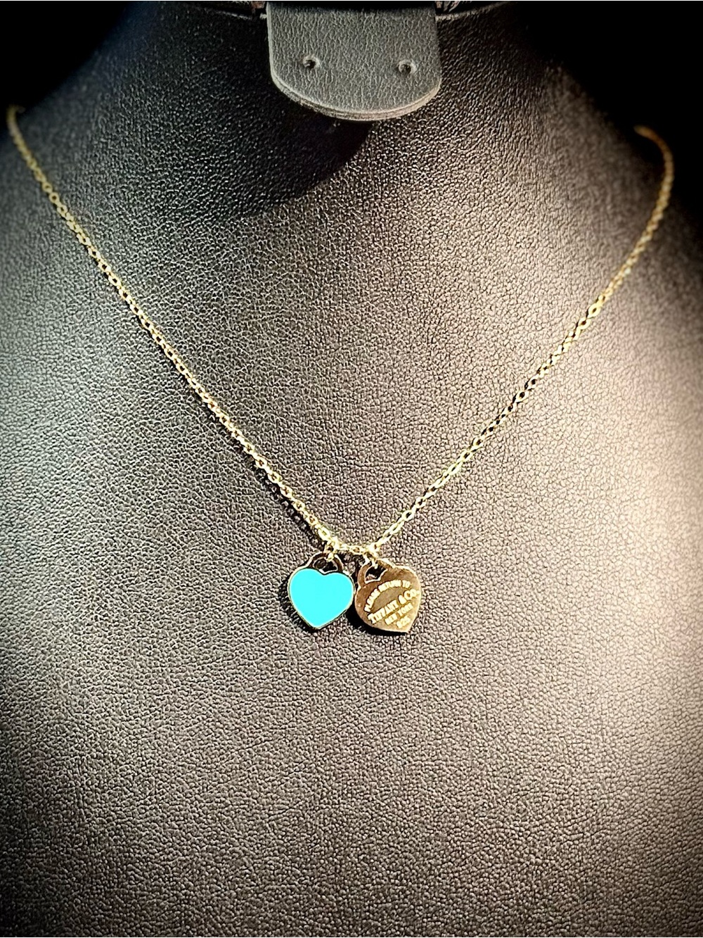 Gold Chain Necklace with Turquoise Double Heart Charm